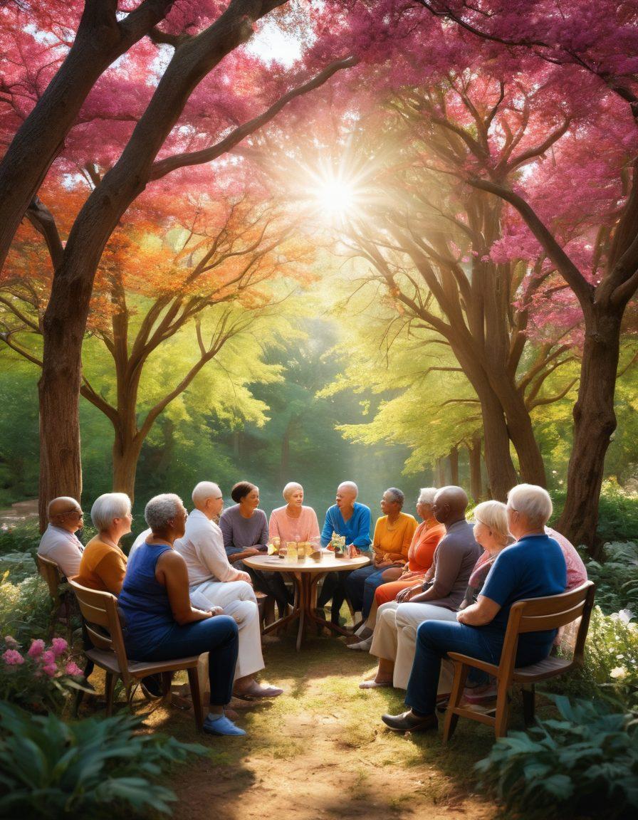 A heartfelt scene depicting a diverse group of individuals, including cancer survivors and advocates, gathered in a supportive community setting. They are engaging in conversation, sharing stories, and showing empathy, with uplifting visuals of nature in the background symbolizing hope and healing. Sunlight streams through trees, creating a warm and inviting atmosphere. The diversity of ages and backgrounds should be prominent, showcasing unity in the fight against cancer. vibrant colors. super-realistic. inspirational.