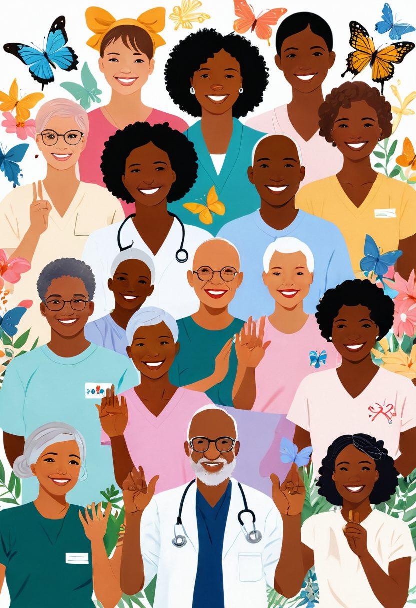 A collage featuring a diverse group of cancer survivors smiling together, surrounded by symbols of hope like ribbons and butterflies. Include elements such as hands joining together, medical updates in the background, and peaceful nature scenes, representing support and community. The color palette should be warm and uplifting, conveying empowerment and resilience. super-realistic. vibrant colors. white background.
