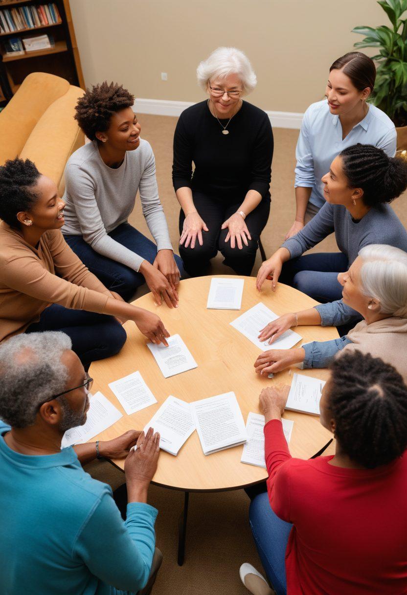 A diverse group of individuals of different ages and backgrounds, gathered in a circle, sharing stories and exchanging knowledge. The setting is a warm, inviting community space filled with books, plants, and supportive imagery like posters showcasing various survivorship resources. Emphasize connection and empowerment through open dialogue and hand gestures. Soft, comforting lighting enhances the atmosphere of support and collaboration. vibrant colors. super-realistic.